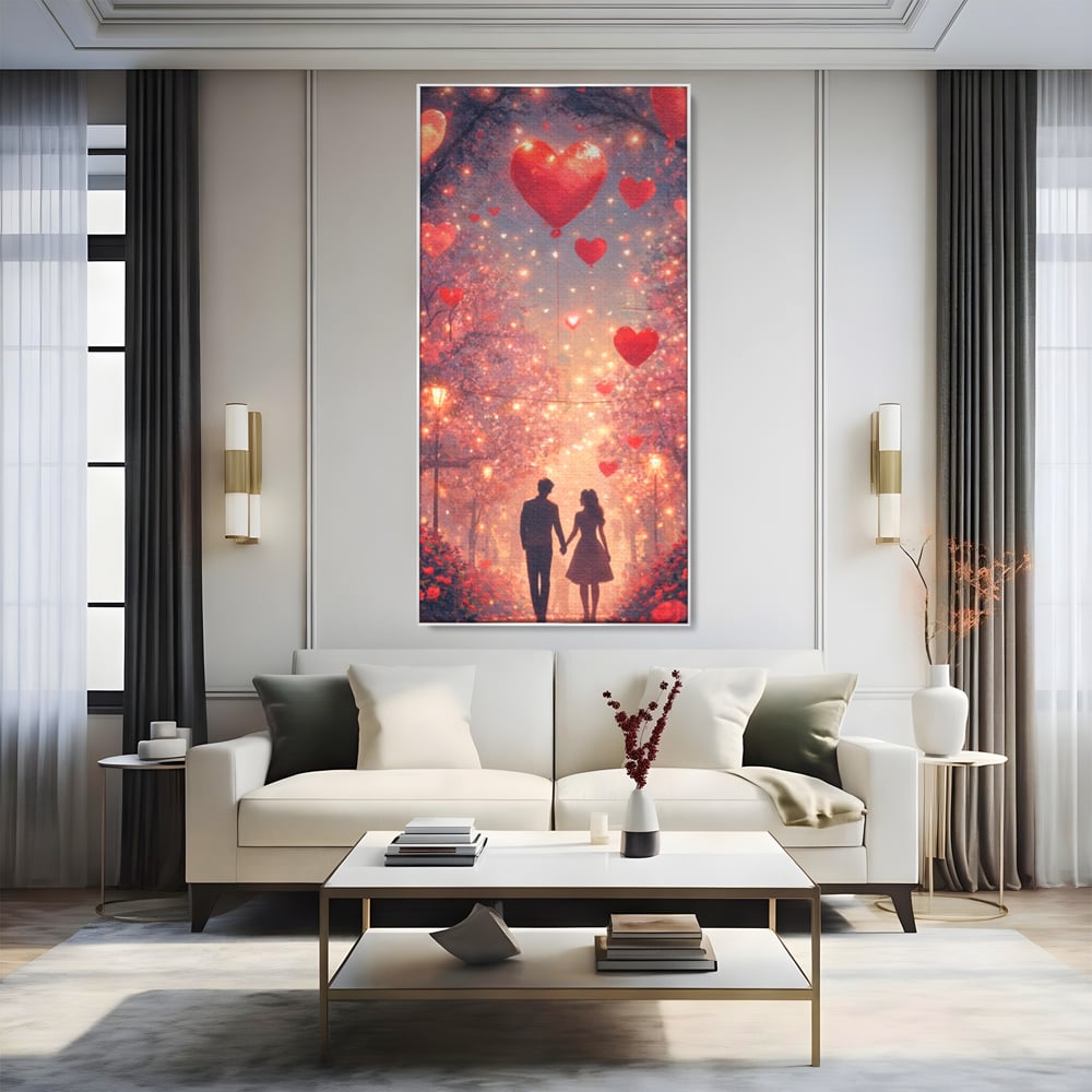 Tablou canvas cu ilustratie cu un cuplu pe alee, in rama de aluminiu argintiu, pe perete intr-un living